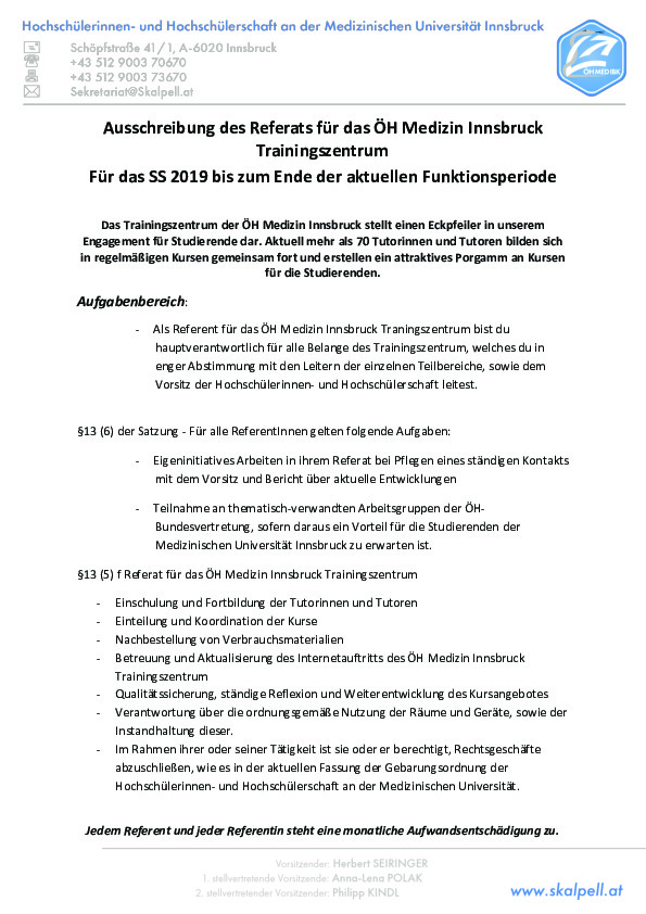 Ausschreibung Referat für das ÖH Med IBK Trauiningszentrum