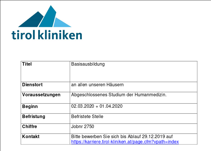 Stelle zur Basisausbildung an den tirol kliniken ab 02.03.2020 + 01.04.2020