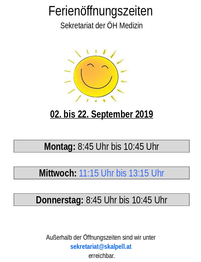 Öffnungszeiten: ÖH Sekretariat im September 2019