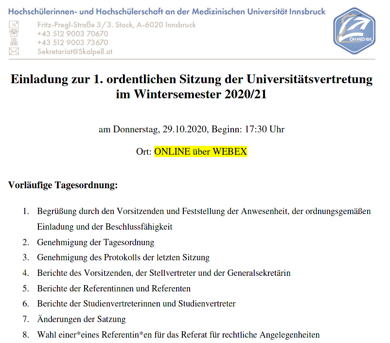 Einberufung 1. ordentliche UV-Sitzung WS 2020/21