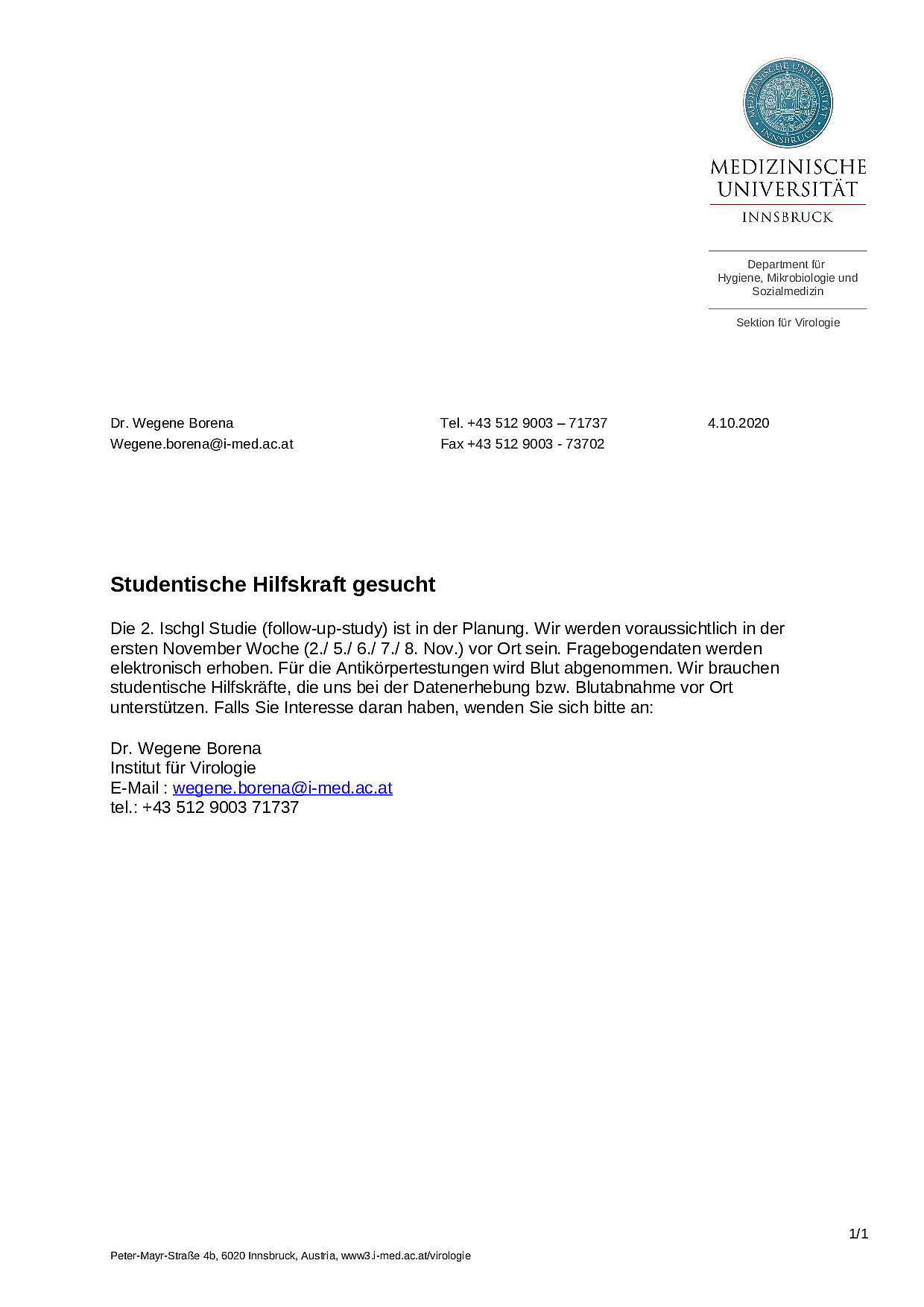 Ischgl SARS-CoV-2 Studie: Studentische Hilfskraft gesucht